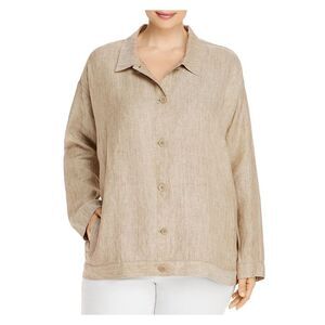 EILEEN FISHER Womens Beige Long Sleeve Collared Button Down Jacket Plus 1X